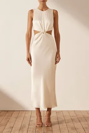 LA LUNE TWIST FRONT SLEEVELESS MIDI DRESS - CREAM