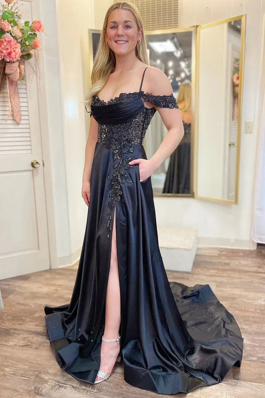 A Line Cold-Shoulder Beaded Black Prom Dresses,BD93348