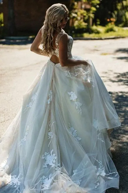 A Line Floral Appliques Beach Wedding Dresses Backless Tulle Boho Wedding Gowns