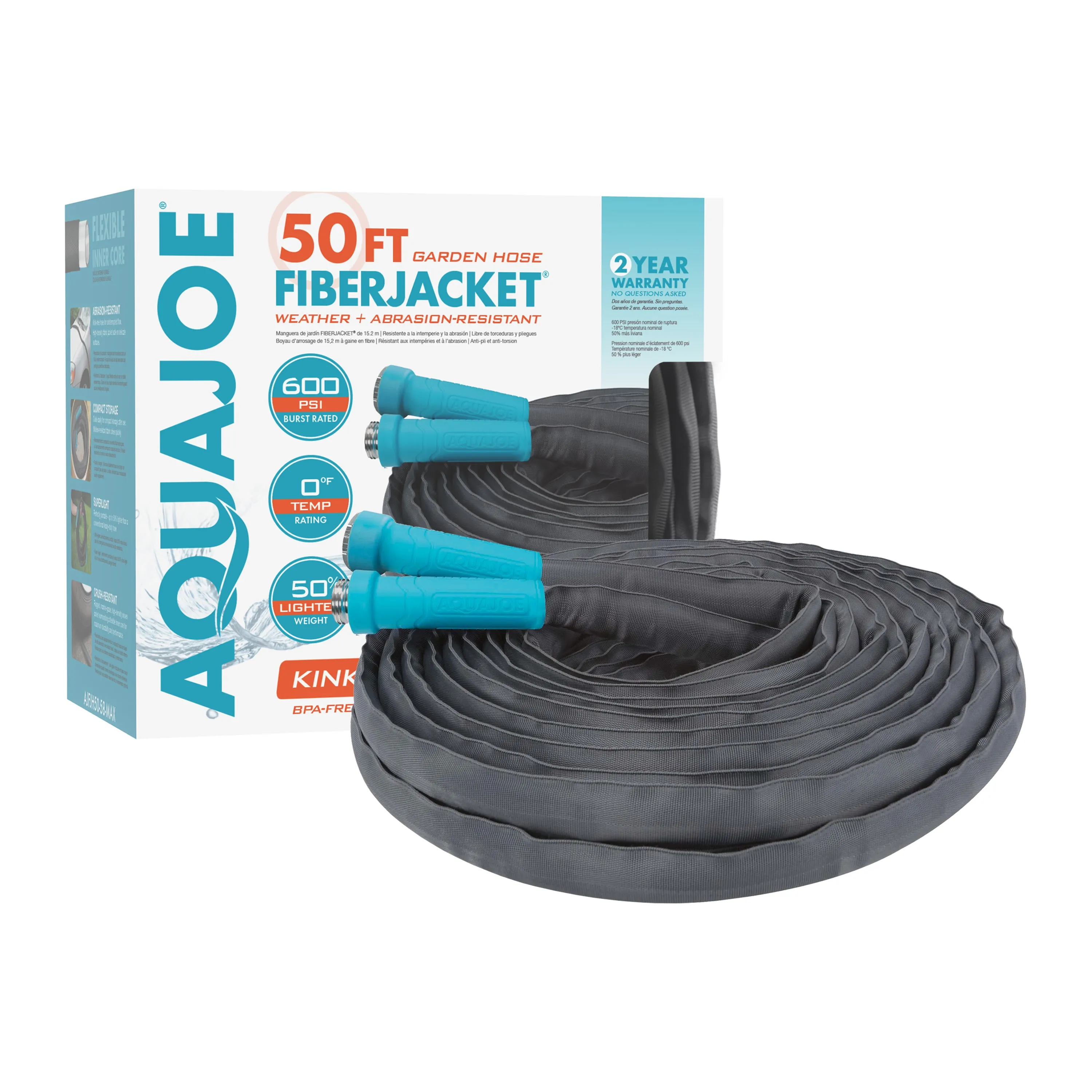 Aqua Joe AJ-FJMAX-BDL Fiberjacket Superlight Garden Hose Bundle | W/ Fireman's Nozzle   50 Ft Hose