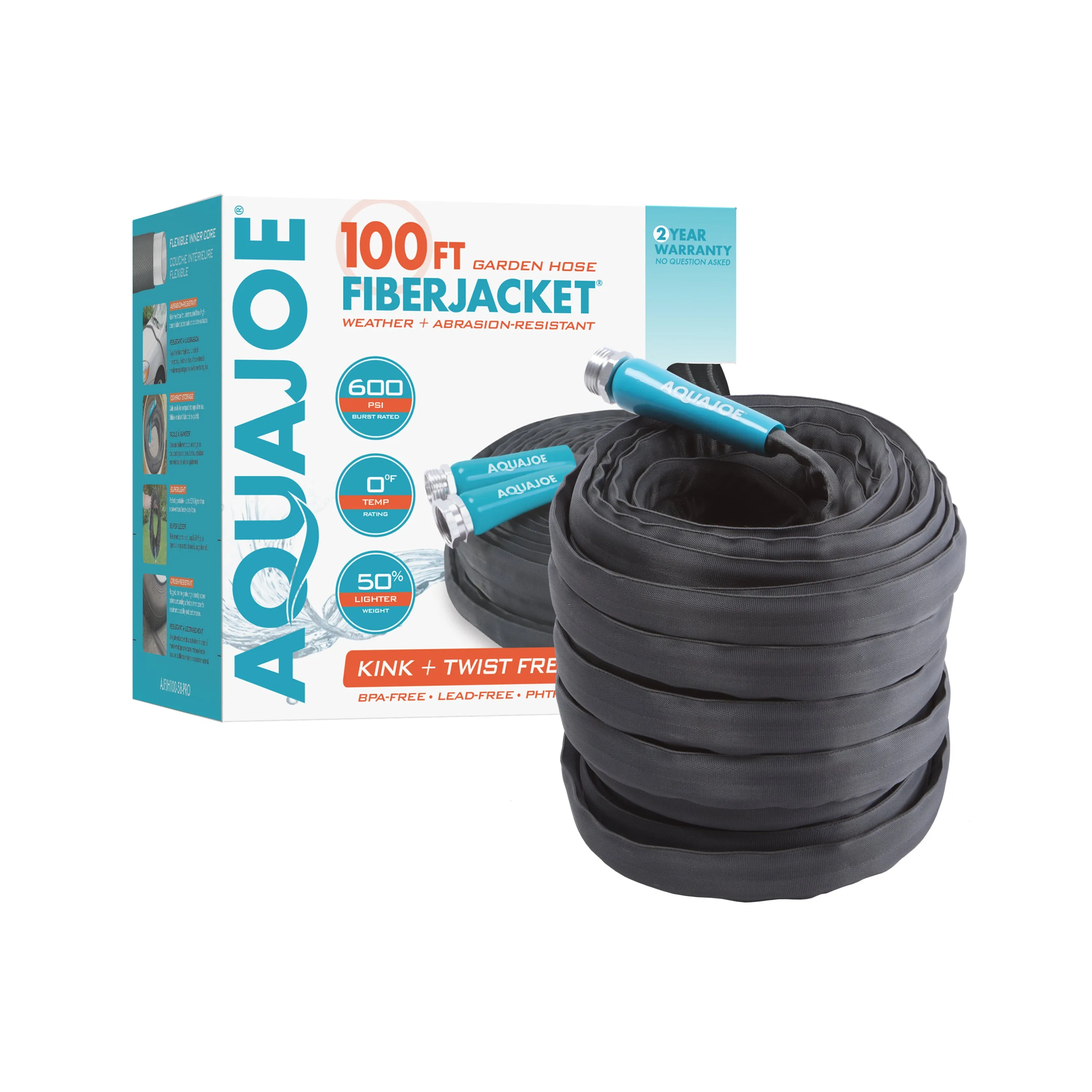 Aqua Joe AJFJH100-58-PRO Ultra Flexible Kink Free Fiberjacket Garden Hose | 100-Foot | Metal Fittings