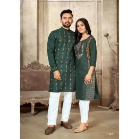 Beautiful Couple Wear Green Pure Cotton Same Matching Outfits Set