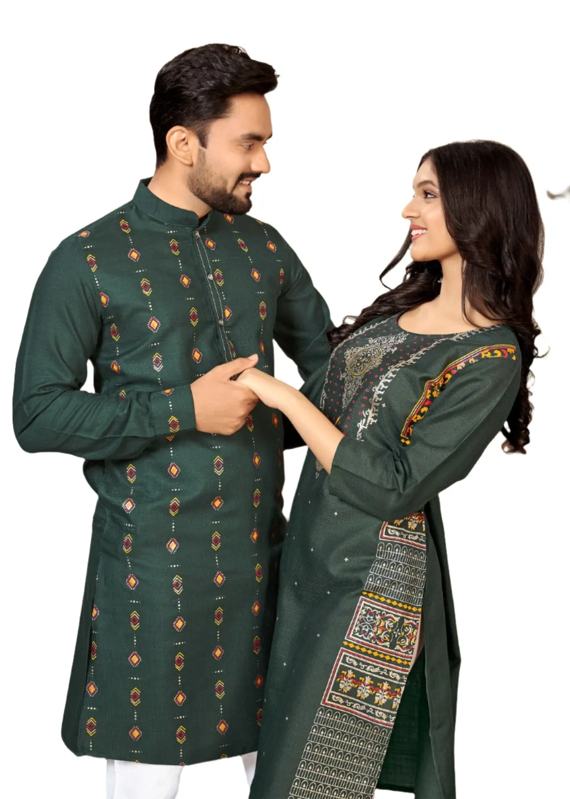 Beautiful Couple Wear Green Pure Cotton Same Matching Outfits Set