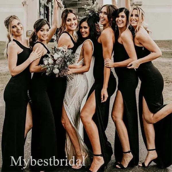 Black Sexy One Shoulder Sleeveless Slde Slit Mermaid Bridesmaid  Dressess, BDS0387