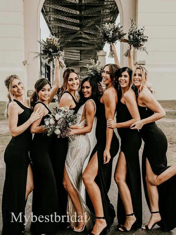 Black Sexy One Shoulder Sleeveless Slde Slit Mermaid Bridesmaid  Dressess, BDS0387