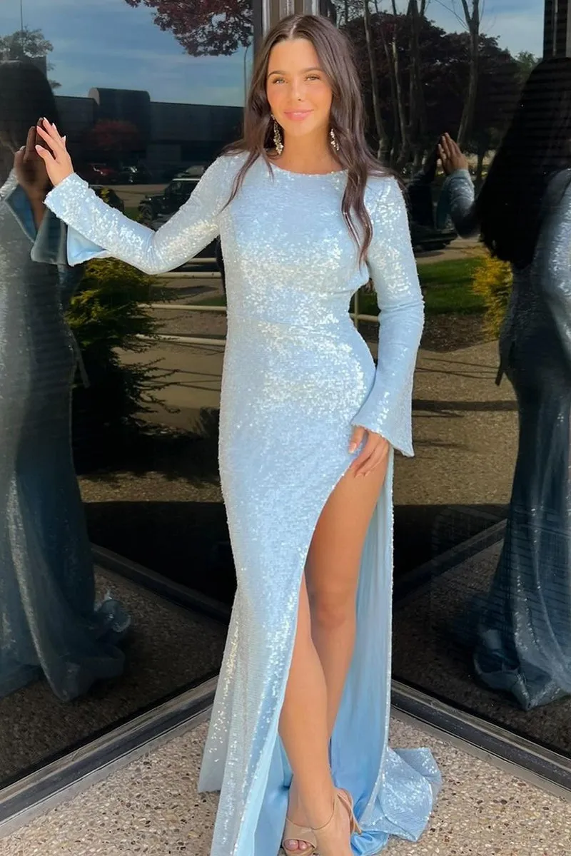 Blue Sequins Long Sleeves Mermaid Long Prom Dresses,BD93384