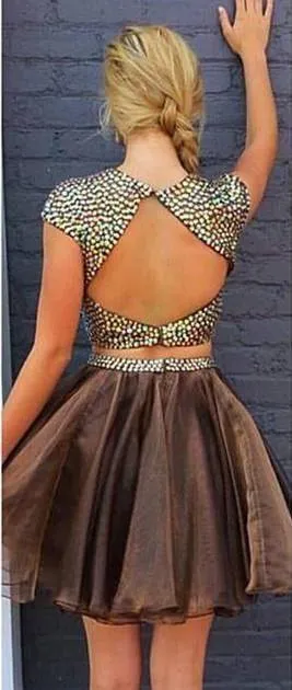 Brown Two Pieces Cap Sleeve Beaded Short Cheap Homecoming Dresses Online, BDY0272