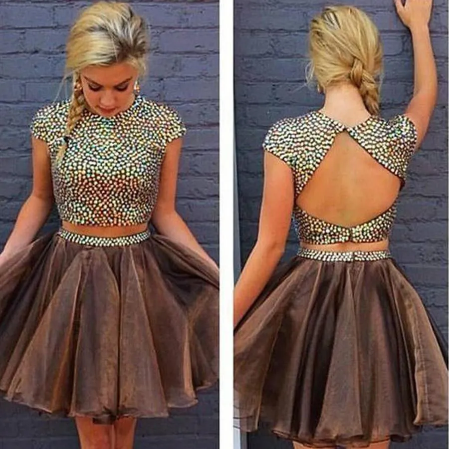 Brown Two Pieces Cap Sleeve Beaded Short Cheap Homecoming Dresses Online, BDY0272