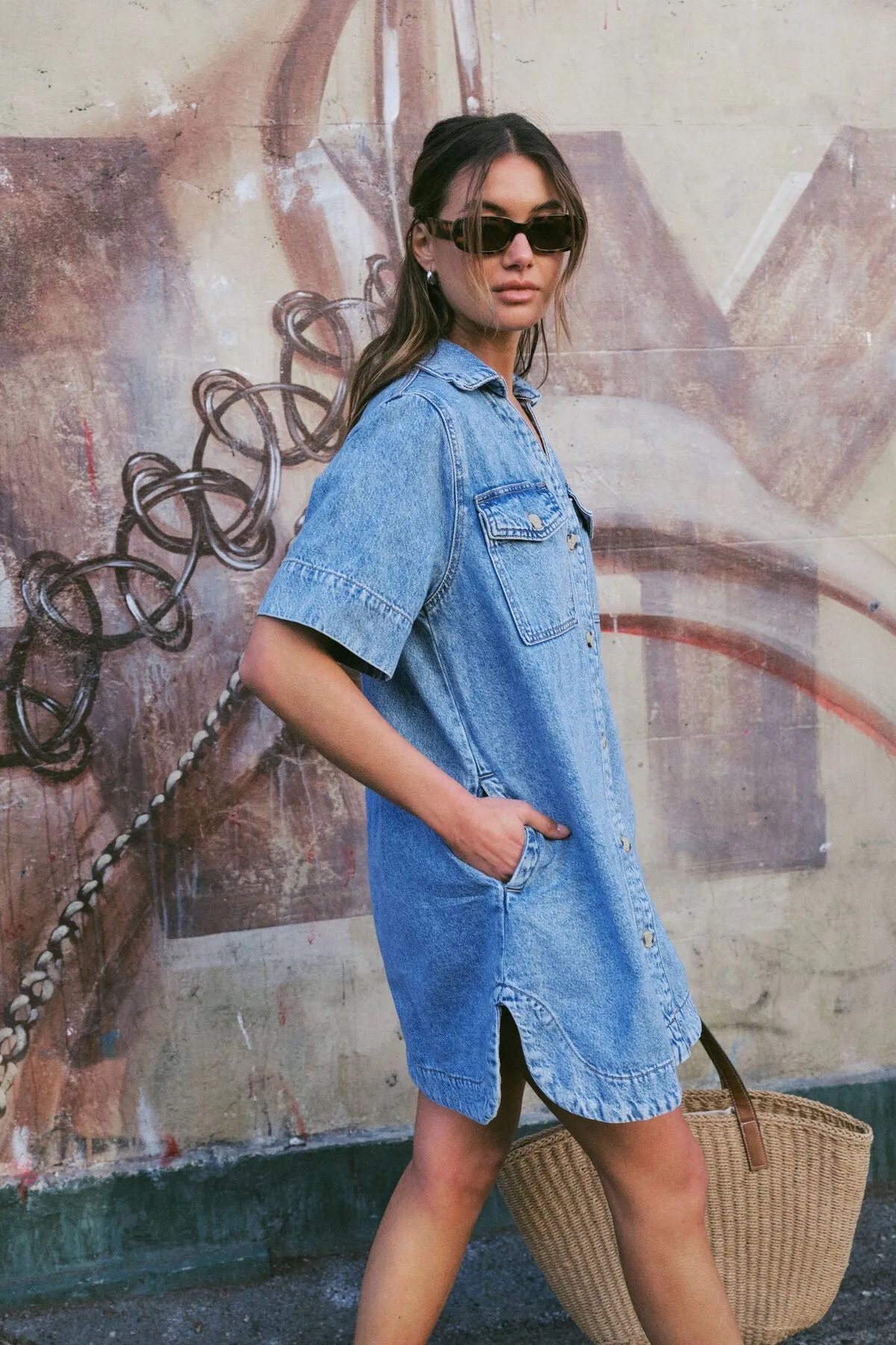 Ceres Life - Boxy Shirt Dress-Vintage Blue Denim