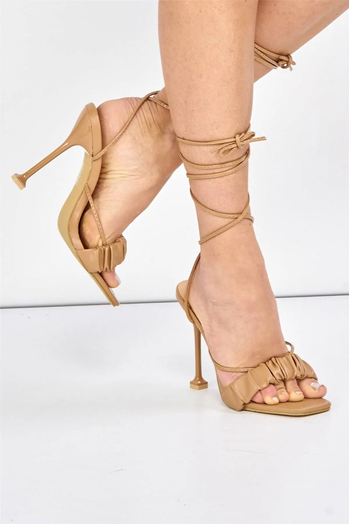 Coco Ruched Band Lace-up Heels in Mocha