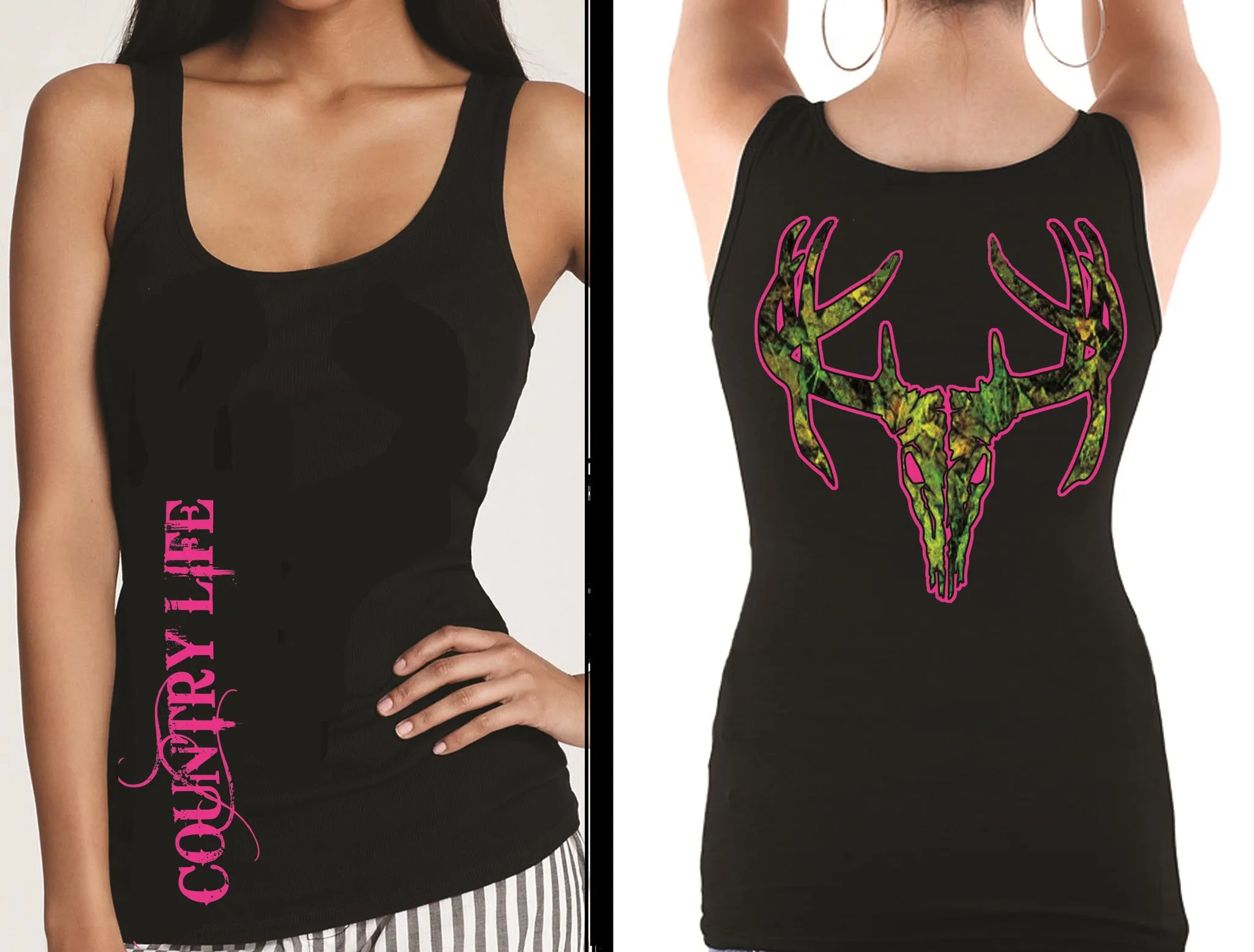 Country Life Outfitters Black & Pink Camo Realtree Deer Skull Head Hunt Vintage Bright Fitted Tank Top Shirt