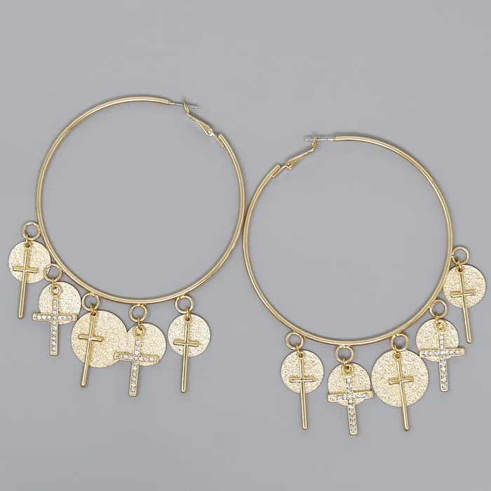 Cross And Metal Disc Fringe Hoop Earrings