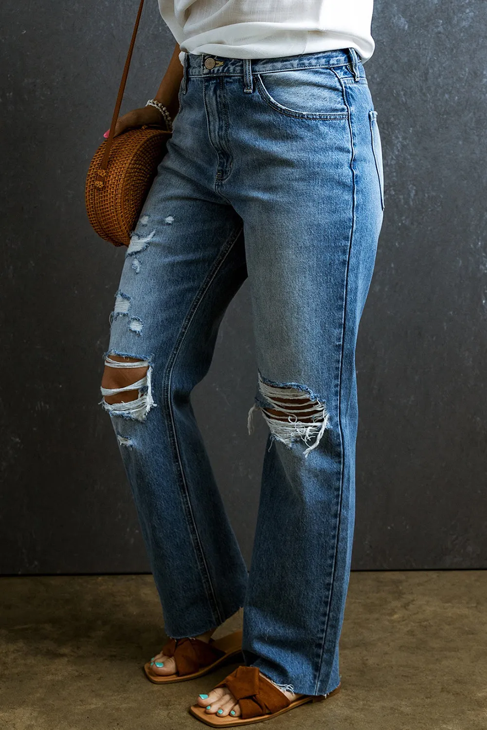 Distressed Holes Raw Edge Straight Jeans