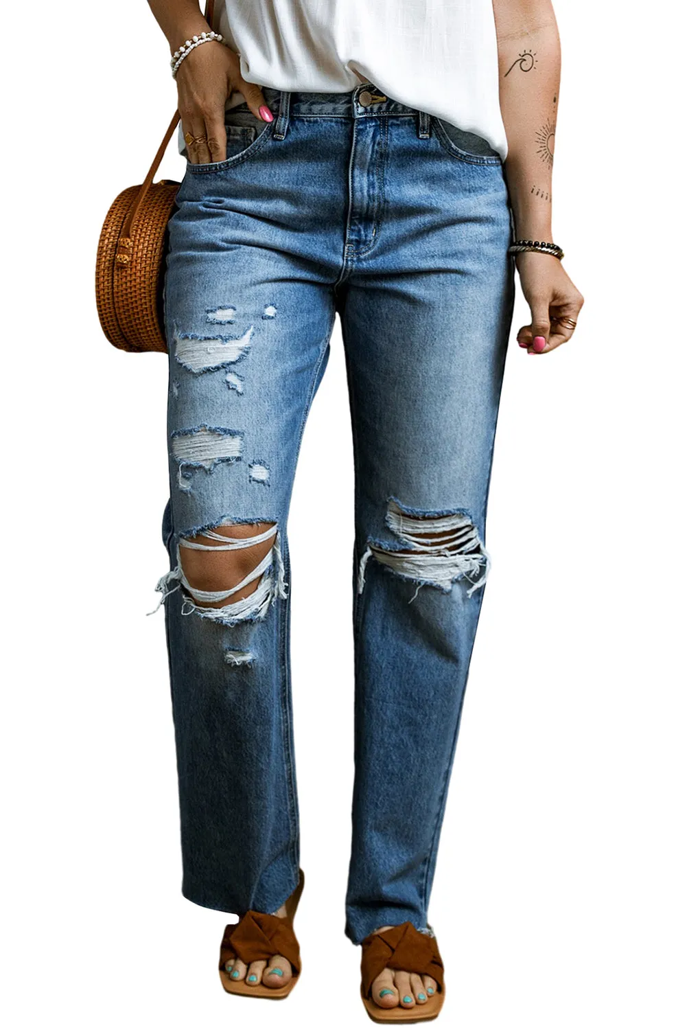 Distressed Holes Raw Edge Straight Jeans