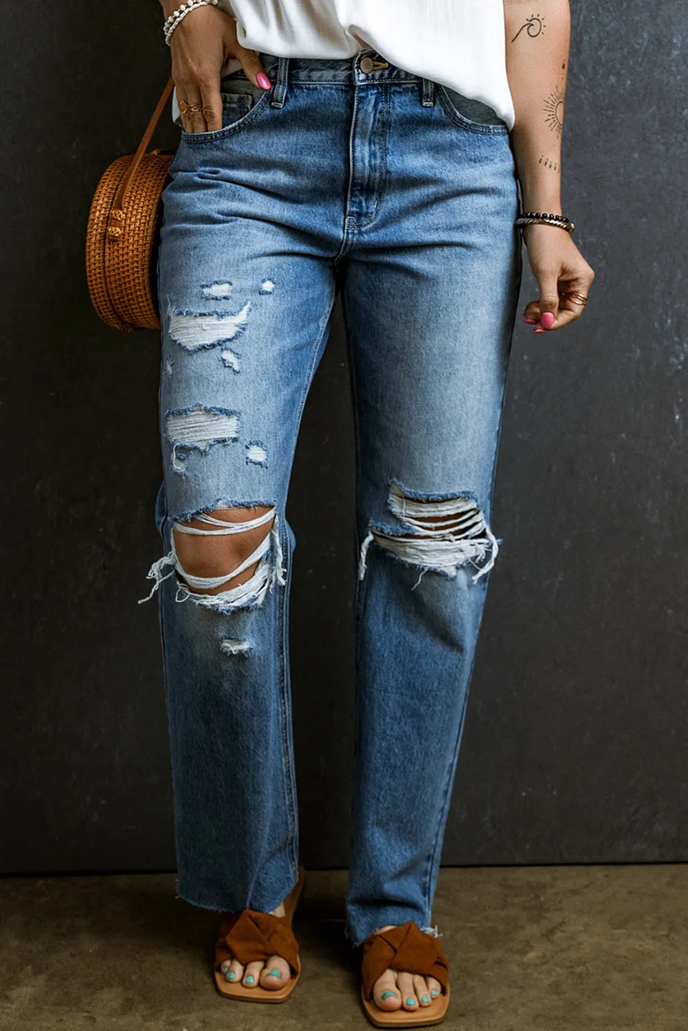 Distressed Holes Raw Edge Straight Jeans