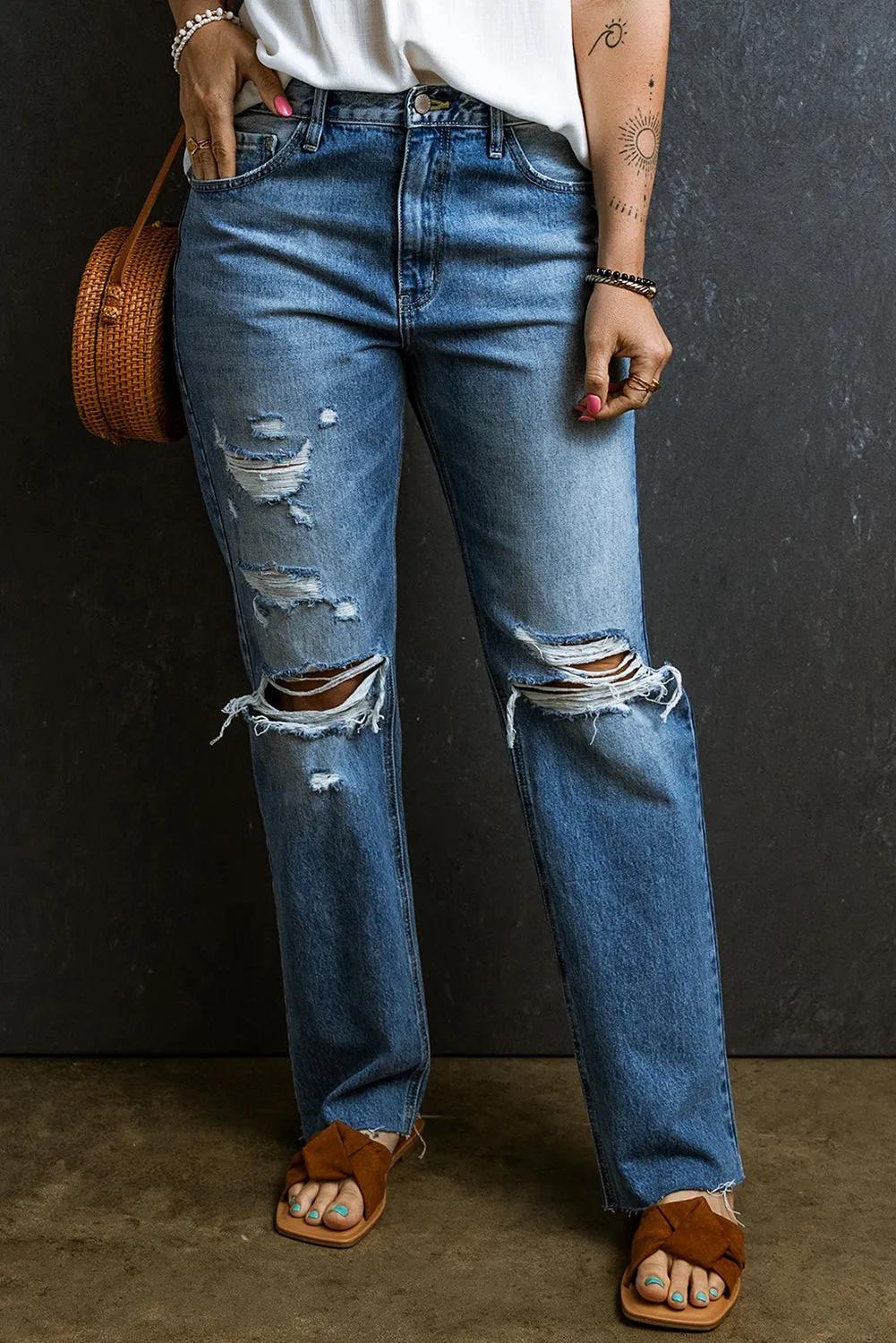 Distressed Holes Raw Edge Straight Jeans