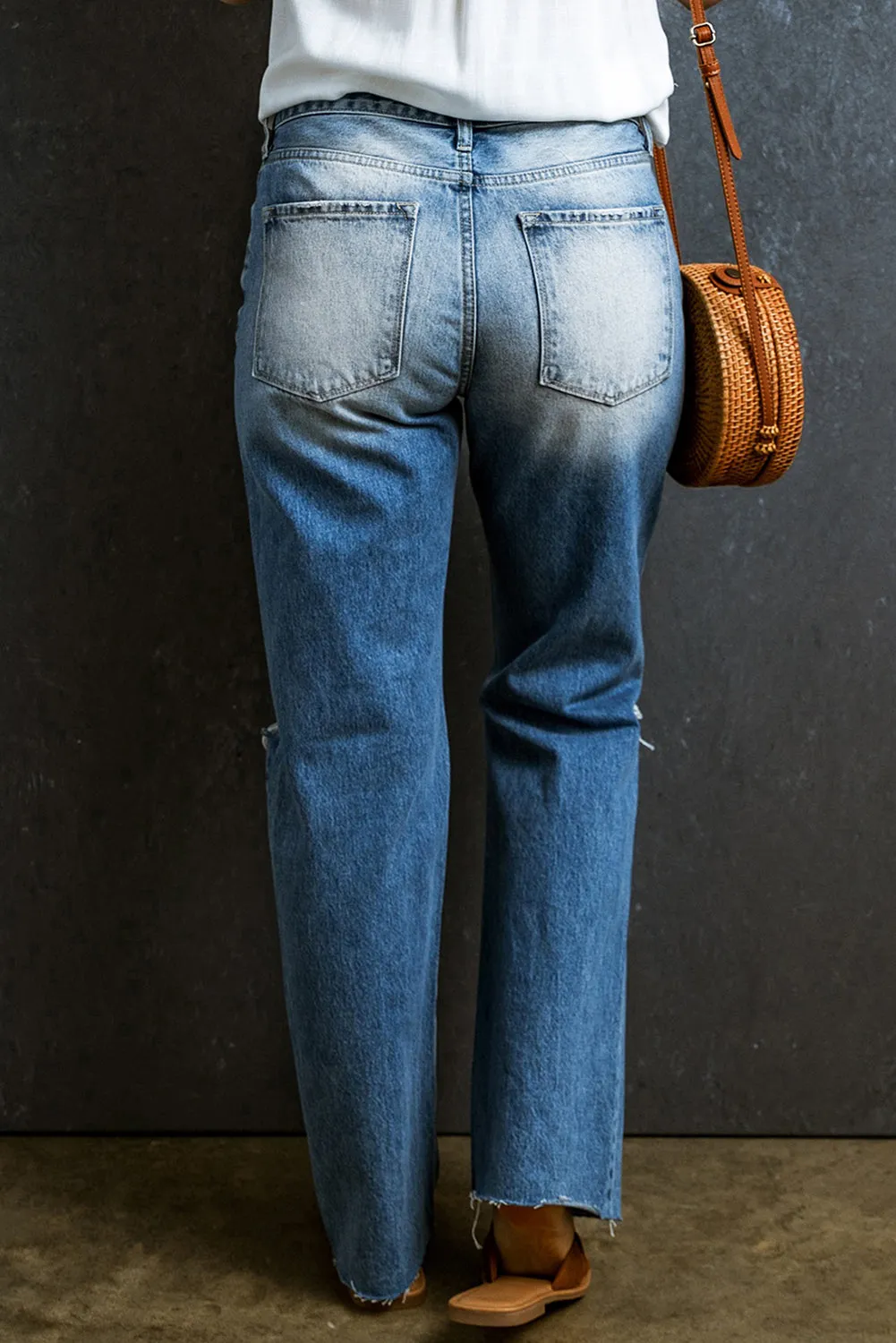 Distressed Holes Raw Edge Straight Jeans