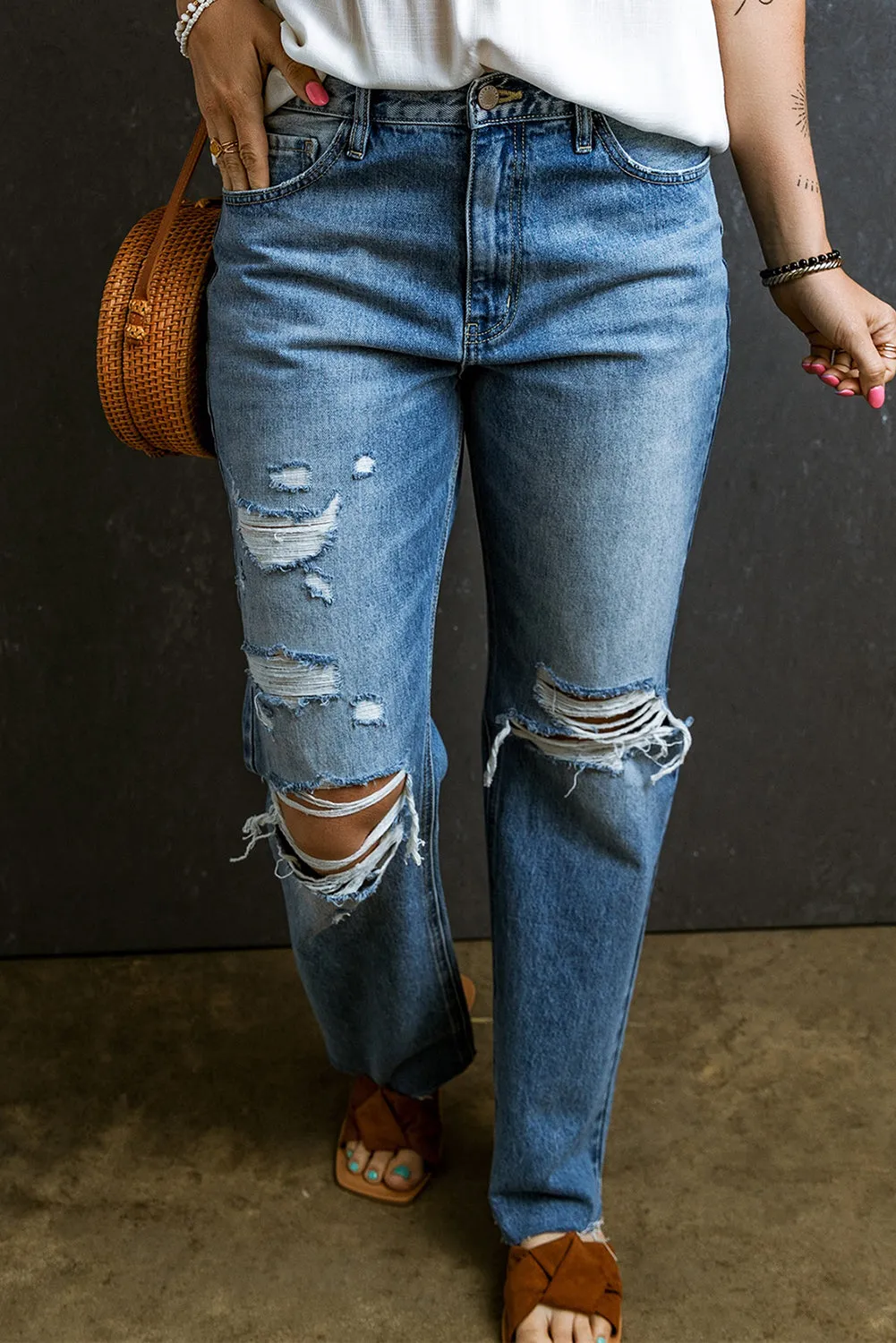 Distressed Holes Raw Edge Straight Jeans