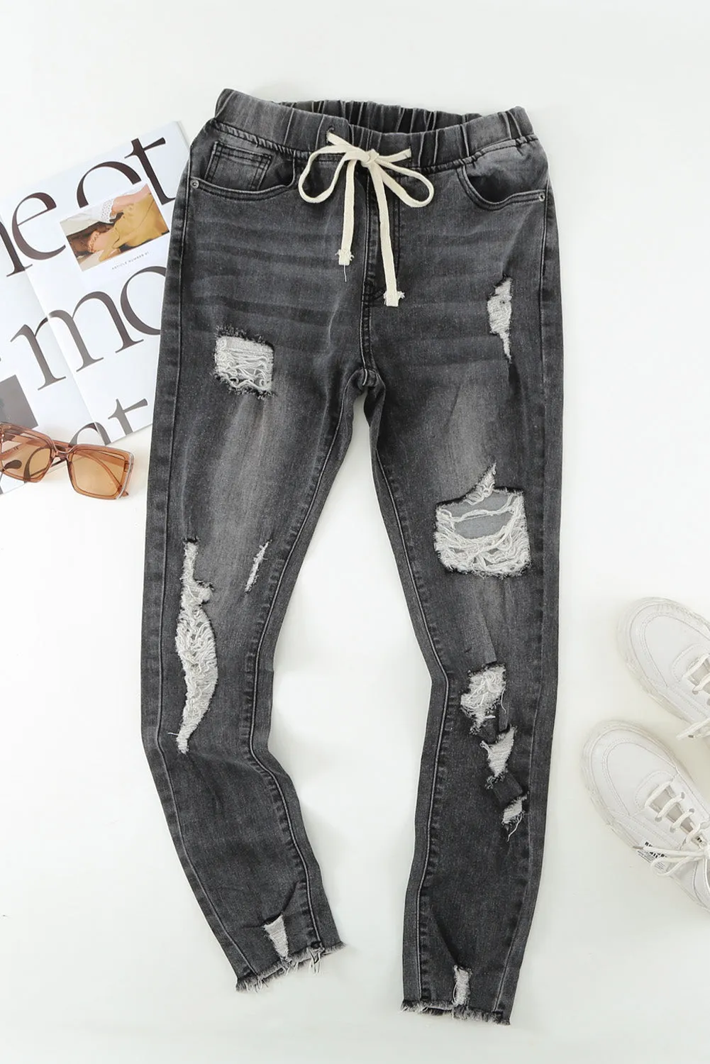 Elastic Waist Hole Ripped Jeans