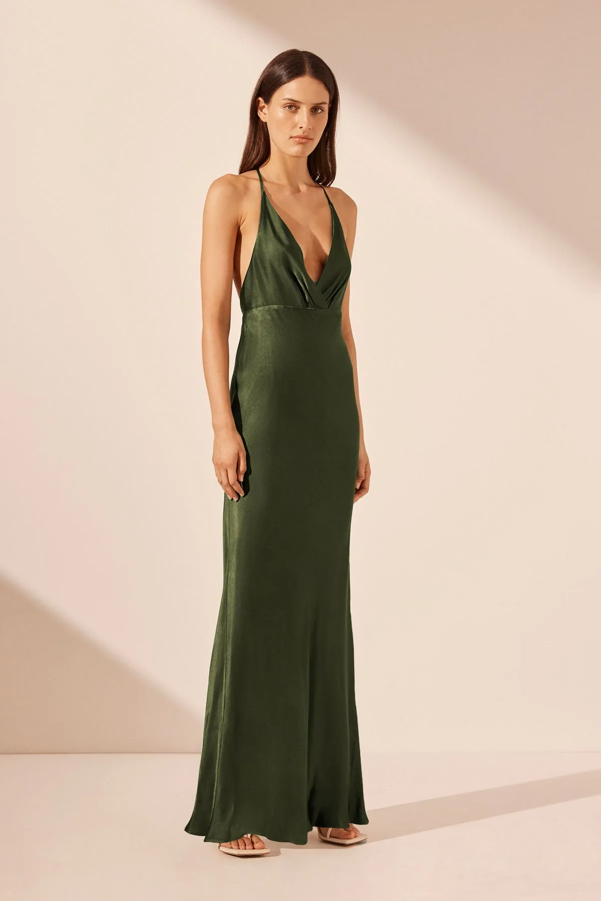 ELIA PLUNGED OPEN BACK HALTER MAXI DRESS - FERN