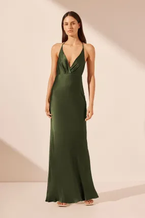 ELIA PLUNGED OPEN BACK HALTER MAXI DRESS - FERN