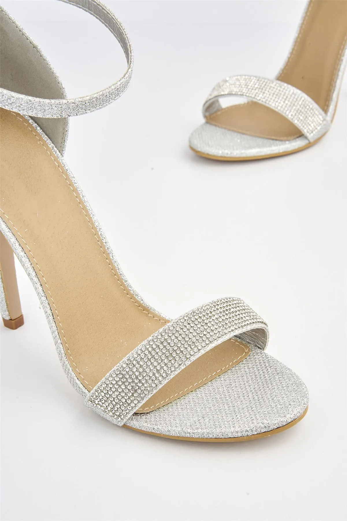 Esha Diamante Band Ankle-strap Heels in Silver Mesh