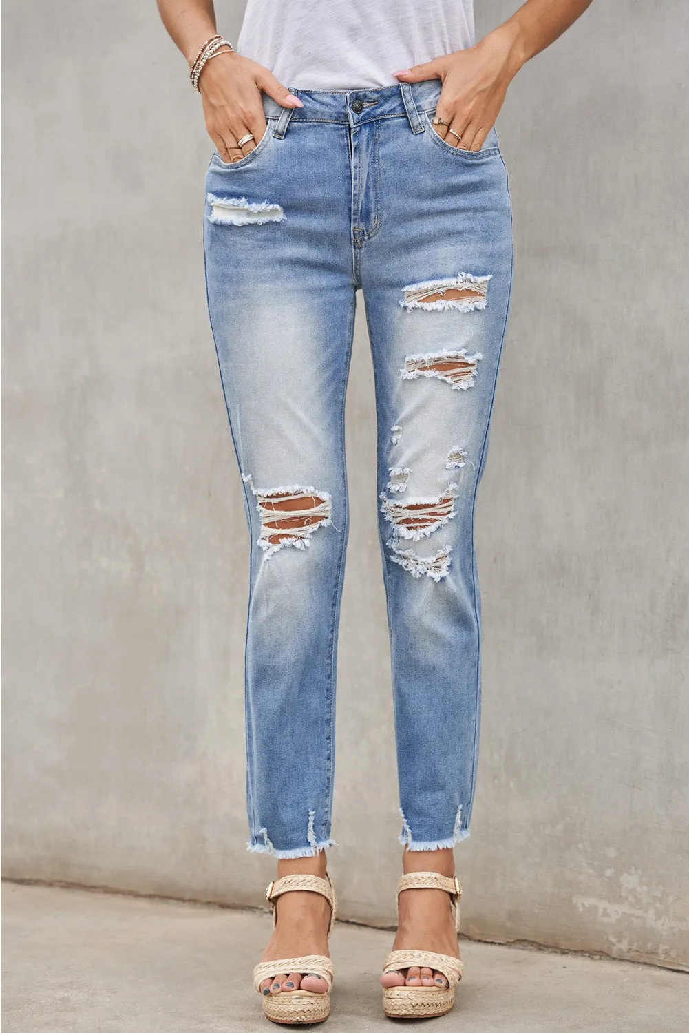 Fashion Light Blue Distressed Boyfriend Denim Pants