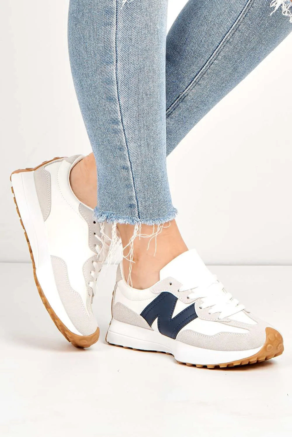 Flexi Two-Tone PU Detail Lace-up Trainers in White / Navy