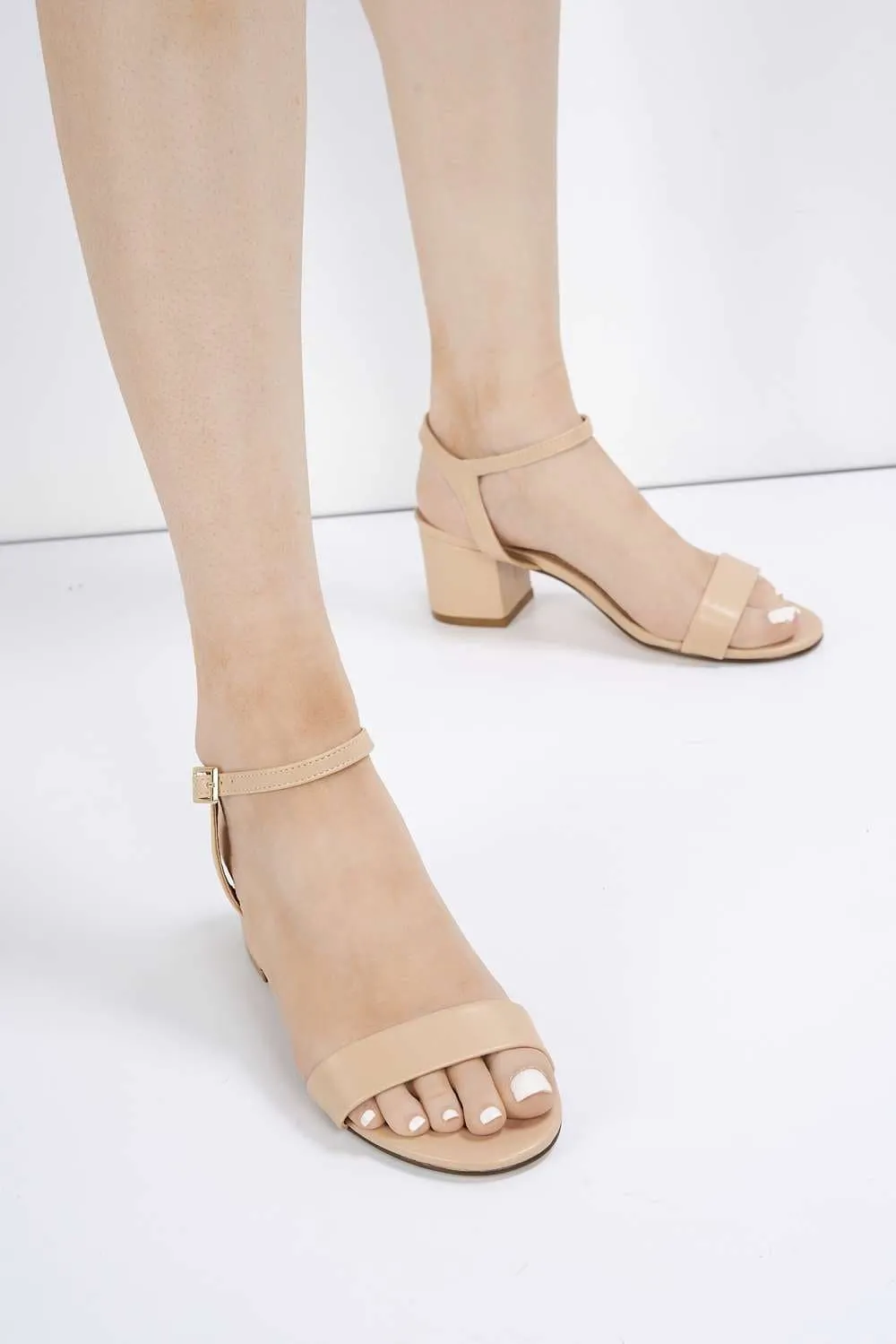 Flori Block Heel Anklestrap Sandal in Nude PU