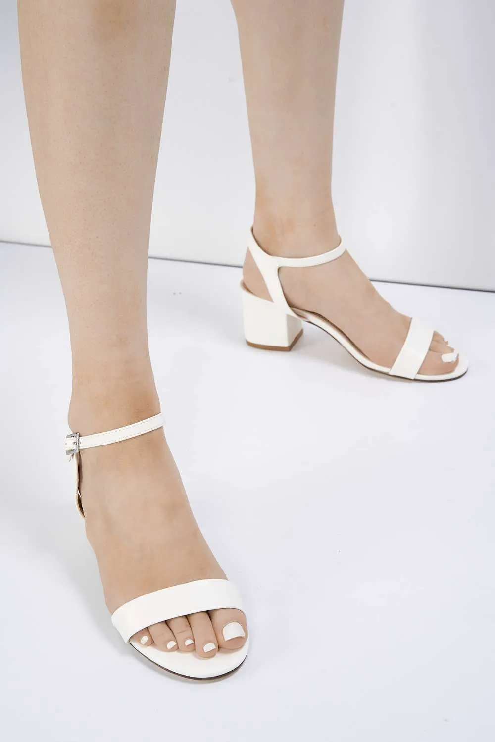 Flori Block Heel Anklestrap Sandal in White PU