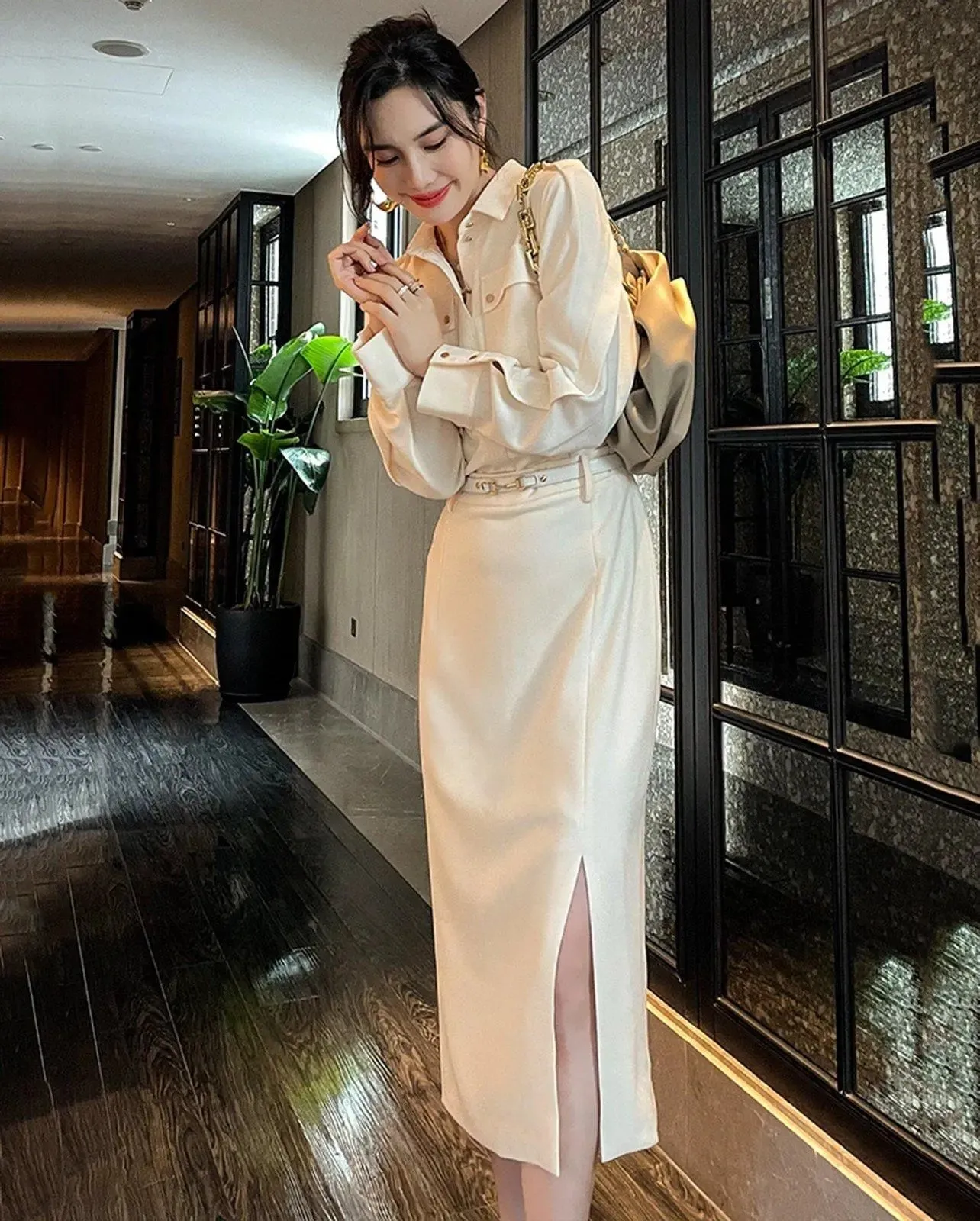 Ivory Long Sleeve Belted Corset Midi Shirt Dress