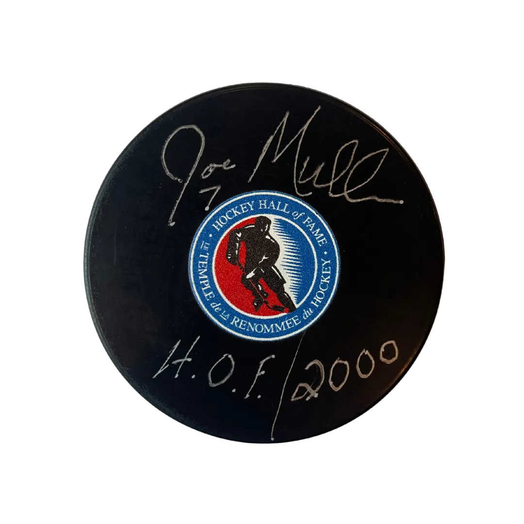 Joe Mullen St Louis Blues Autographed Hockey Hall Of Fame Logo Puck w/ "HOF 2000"  Inscription - Fan Cave COA