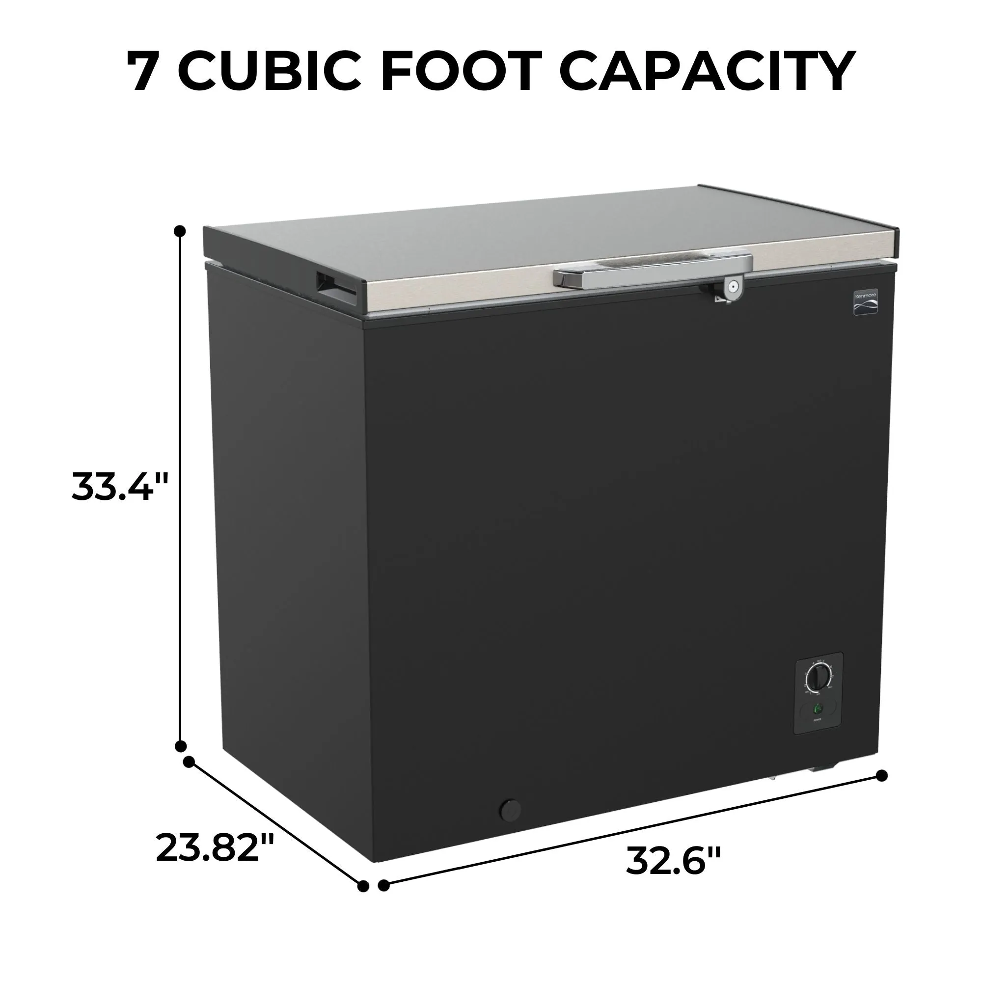 Kenmore 7 Cu. Ft. (198L) Locking Chest Freezer | Garage-Ready Deep Freeze | Manual Defrost | Black & Stainless Steel Look | Balanced Hinge Lid | External Thermostat Dial | Basement Garage Shed Cottage