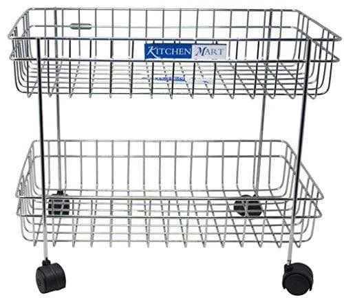 Kitchen Mart Fruit & Vegetable Trolley with / without Wheels, Rectangle, 2-Tier, Stainless Steel (Multipurpose Kitchen Storage Rack / Shelf)