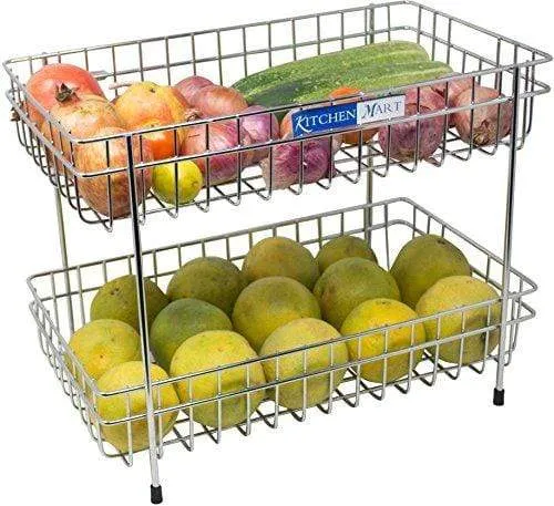 Kitchen Mart Fruit & Vegetable Trolley with / without Wheels, Rectangle, 2-Tier, Stainless Steel (Multipurpose Kitchen Storage Rack / Shelf)