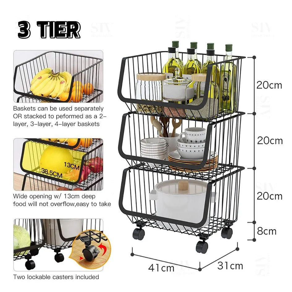 Kitchen Trolley Rack Storage Shelf With Wheels Kitchen Basket Rack Stainless Steel Cart Rak Dapur