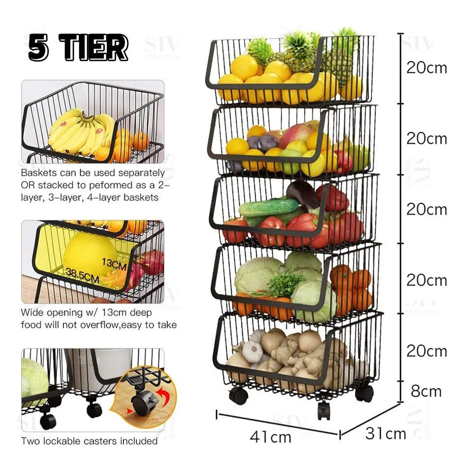 Kitchen Trolley Rack Storage Shelf With Wheels Kitchen Basket Rack Stainless Steel Cart Rak Dapur