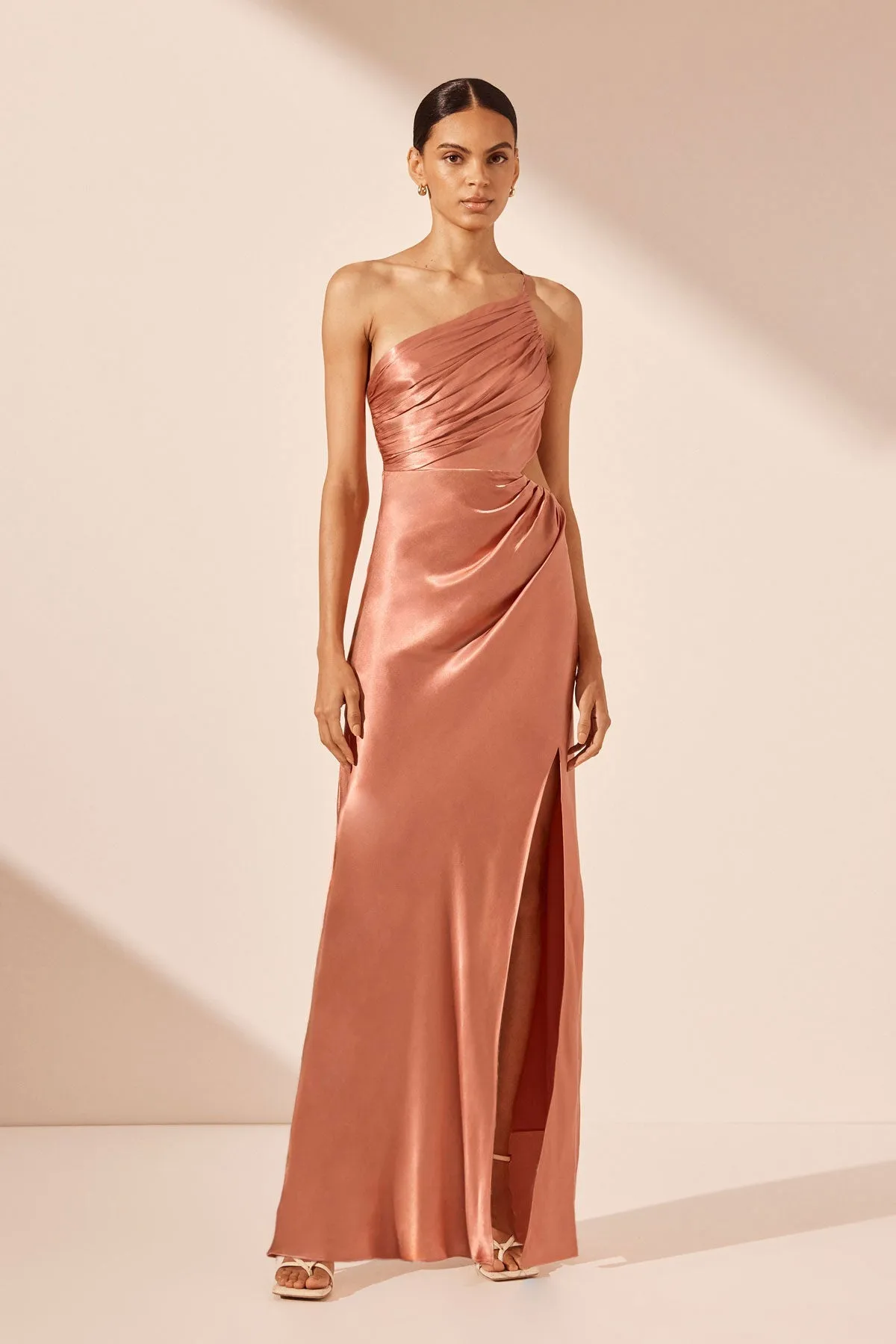 LA LUNE ASYMMETRICAL GATHERED MAXI DRESS - ANTIQUE ROSE