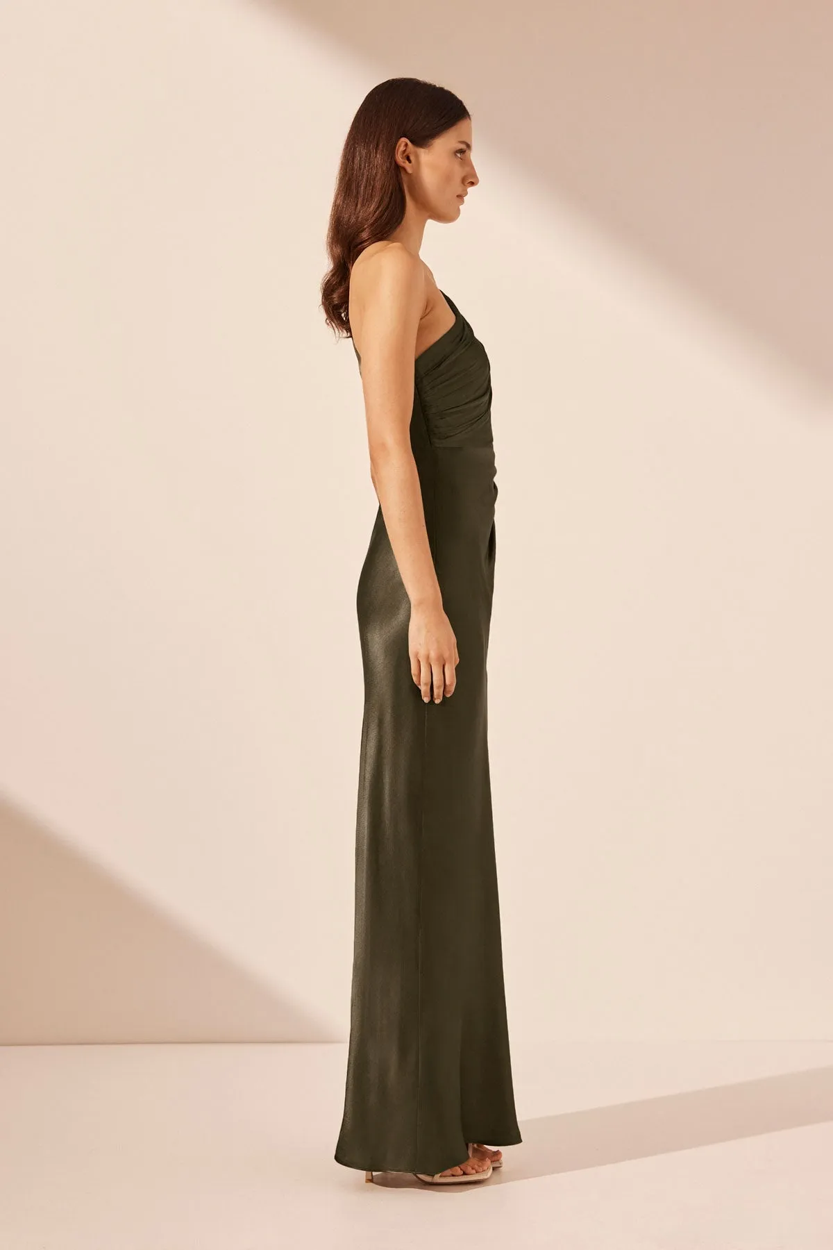 LA LUNE ASYMMETRICAL GATHERED MAXI DRESS - FOREST