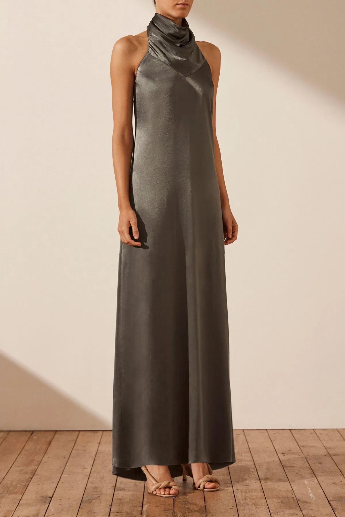 LA LUNE HIGH NECK COWL MAXI DRESS - OLIVE