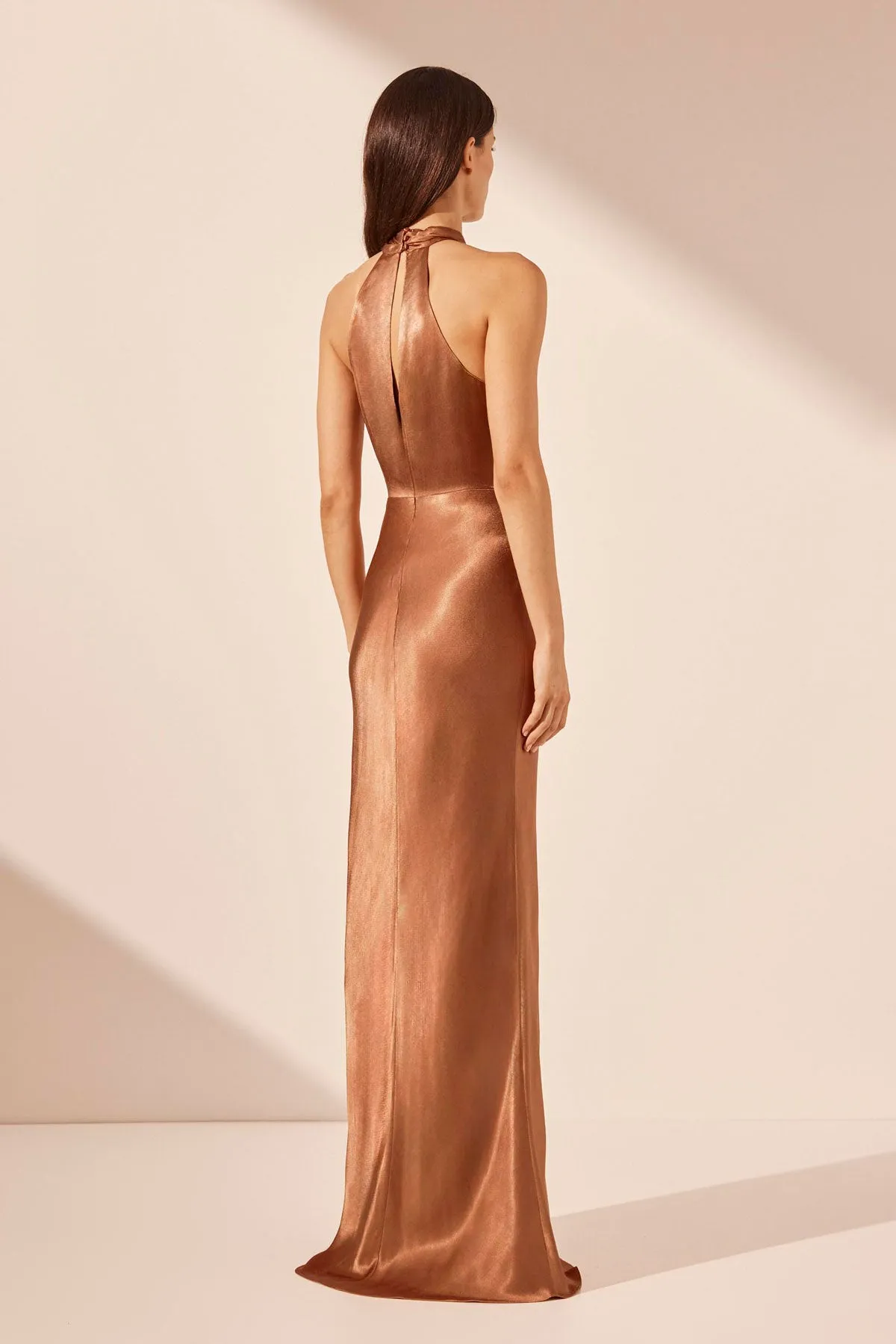 LA LUNE HIGH NECK TWIST MAXI DRESS - ALMOND