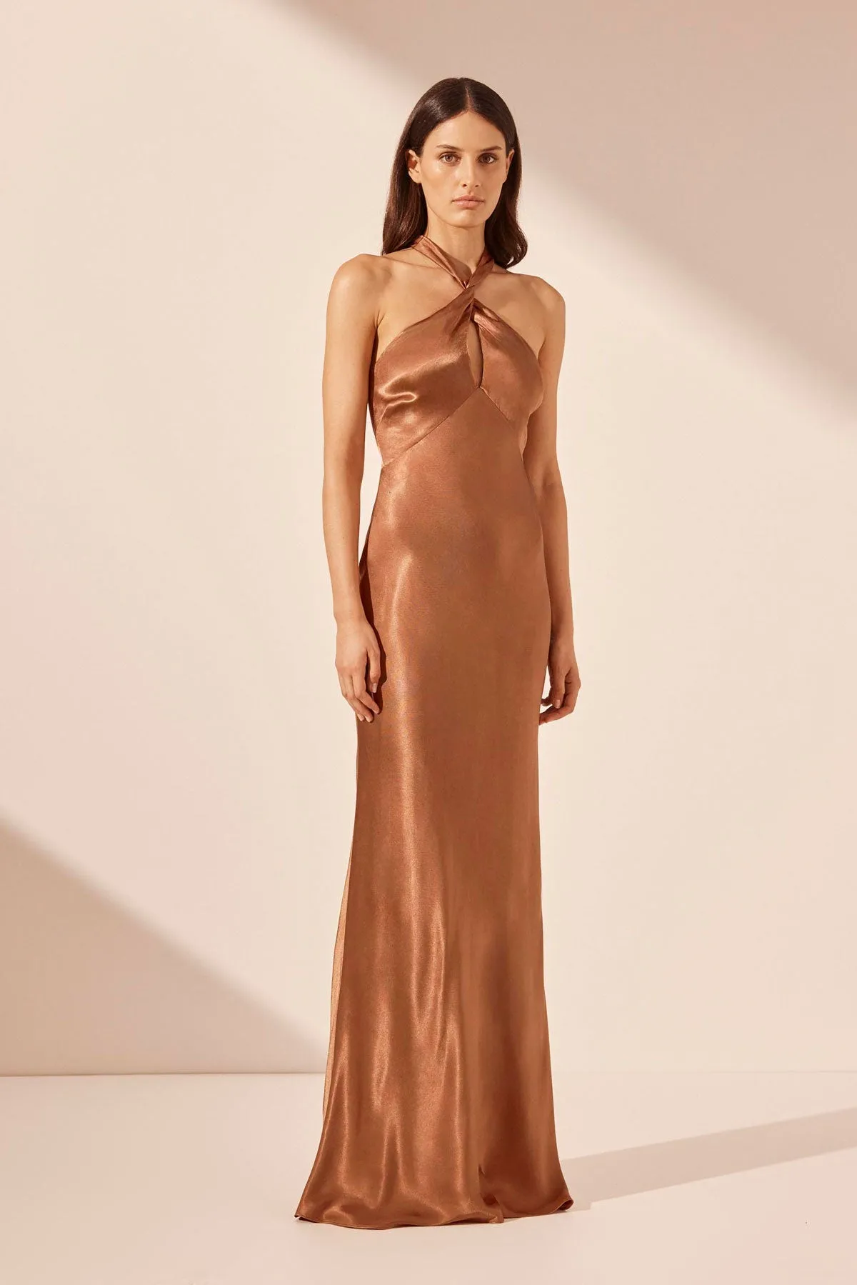 LA LUNE HIGH NECK TWIST MAXI DRESS - ALMOND