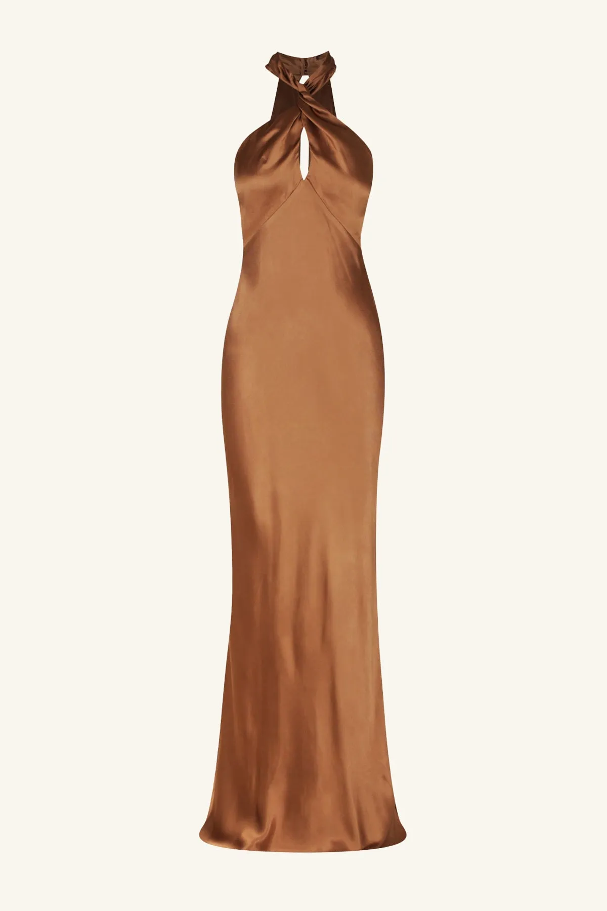 LA LUNE HIGH NECK TWIST MAXI DRESS - ALMOND