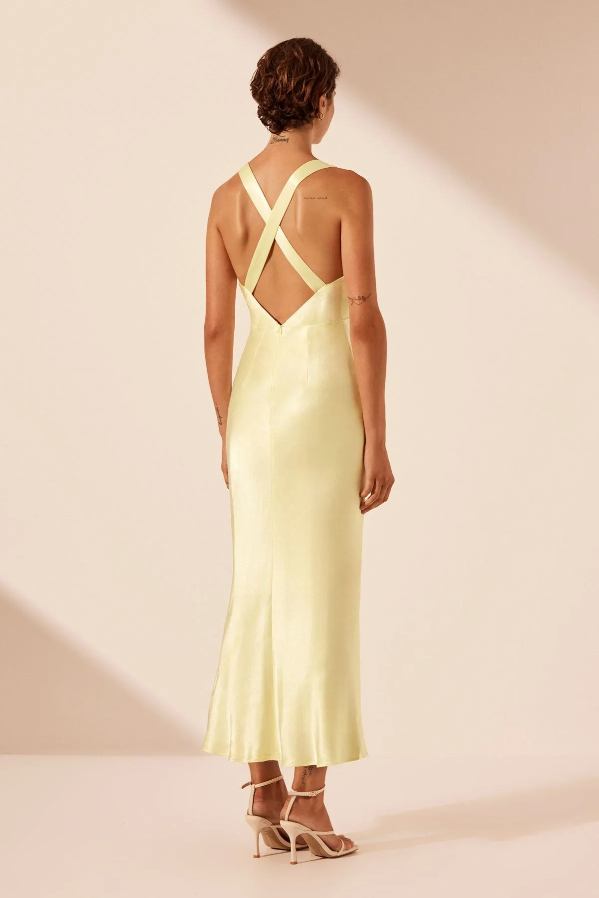 LA LUNE PLUNGED CROSS BACK MIDI DRESS - LEMON