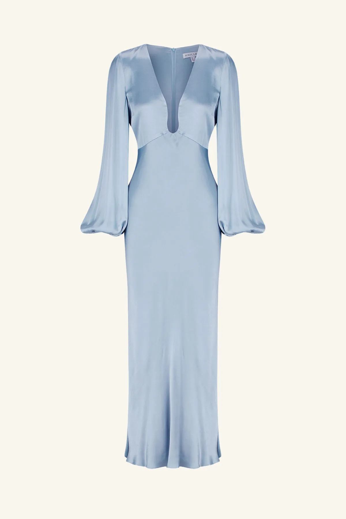 Powder Blue La Lune Midi Dress with Plunging Neckline and Balloon Sleeves