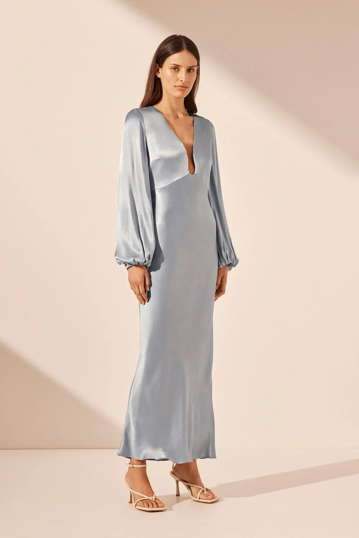 Powder Blue La Lune Midi Dress with Plunging Neckline and Balloon Sleeves