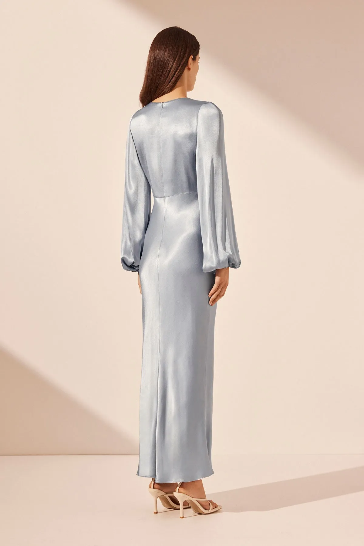 Powder Blue La Lune Midi Dress with Plunging Neckline and Balloon Sleeves