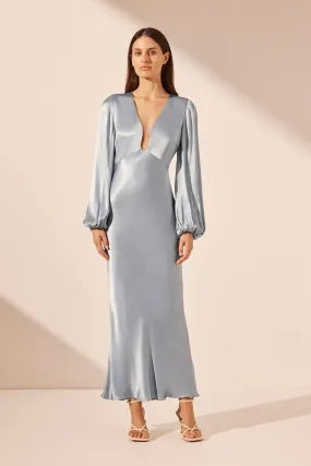 Powder Blue La Lune Midi Dress with Plunging Neckline and Balloon Sleeves