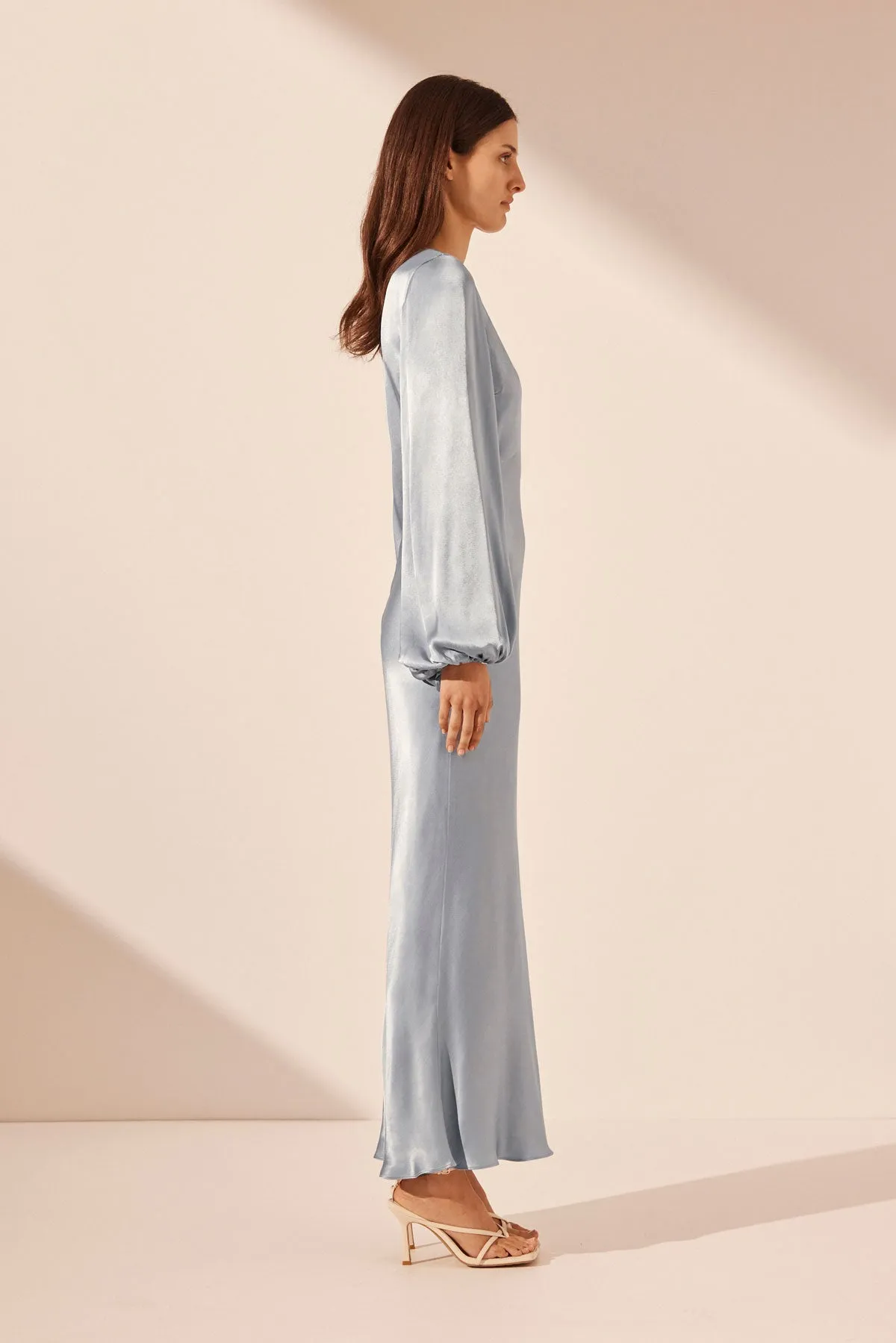 Powder Blue La Lune Midi Dress with Plunging Neckline and Balloon Sleeves