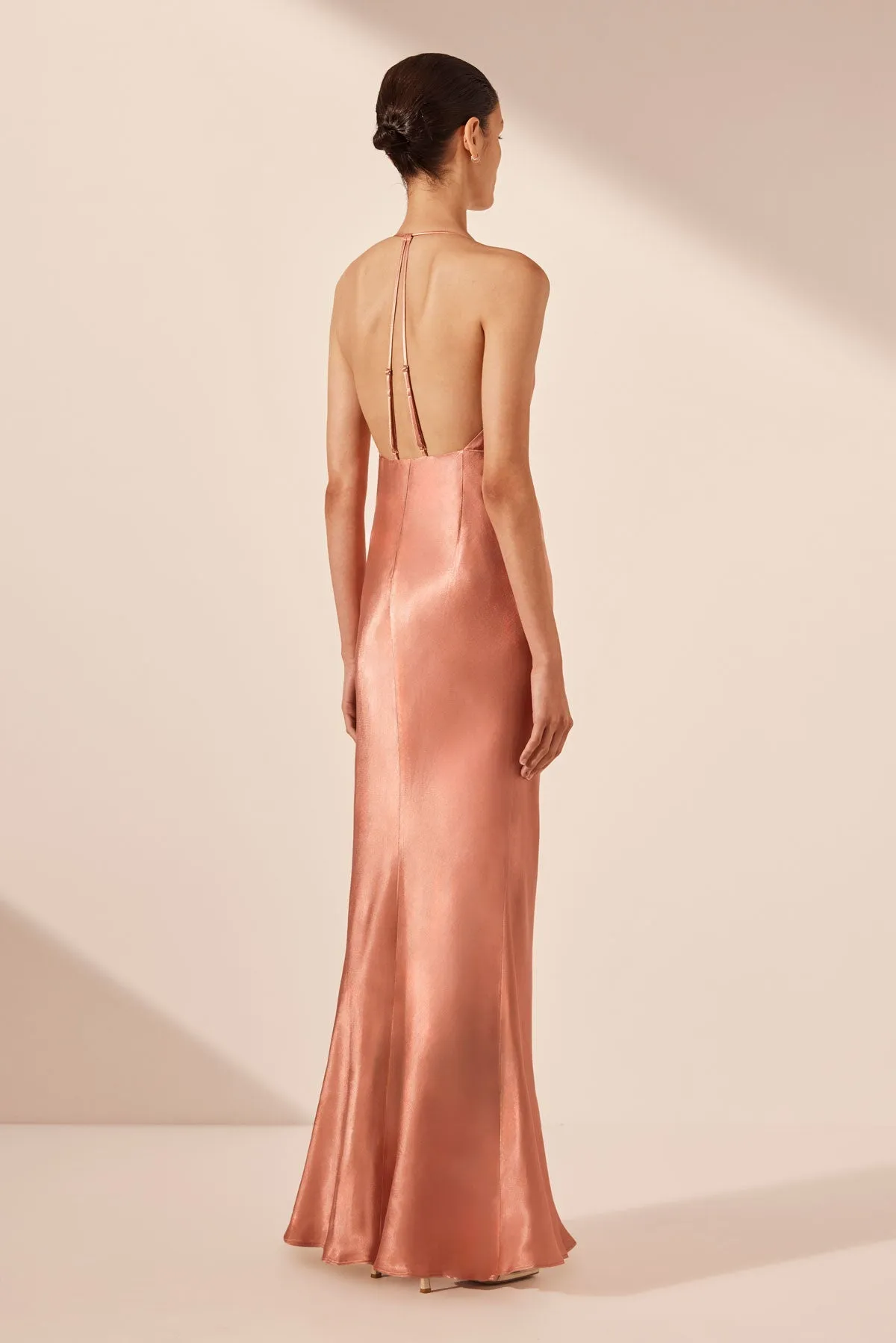 LA LUNE PLUNGED OPEN BACK HALTER MAXI DRESS - ANTIQUE ROSE